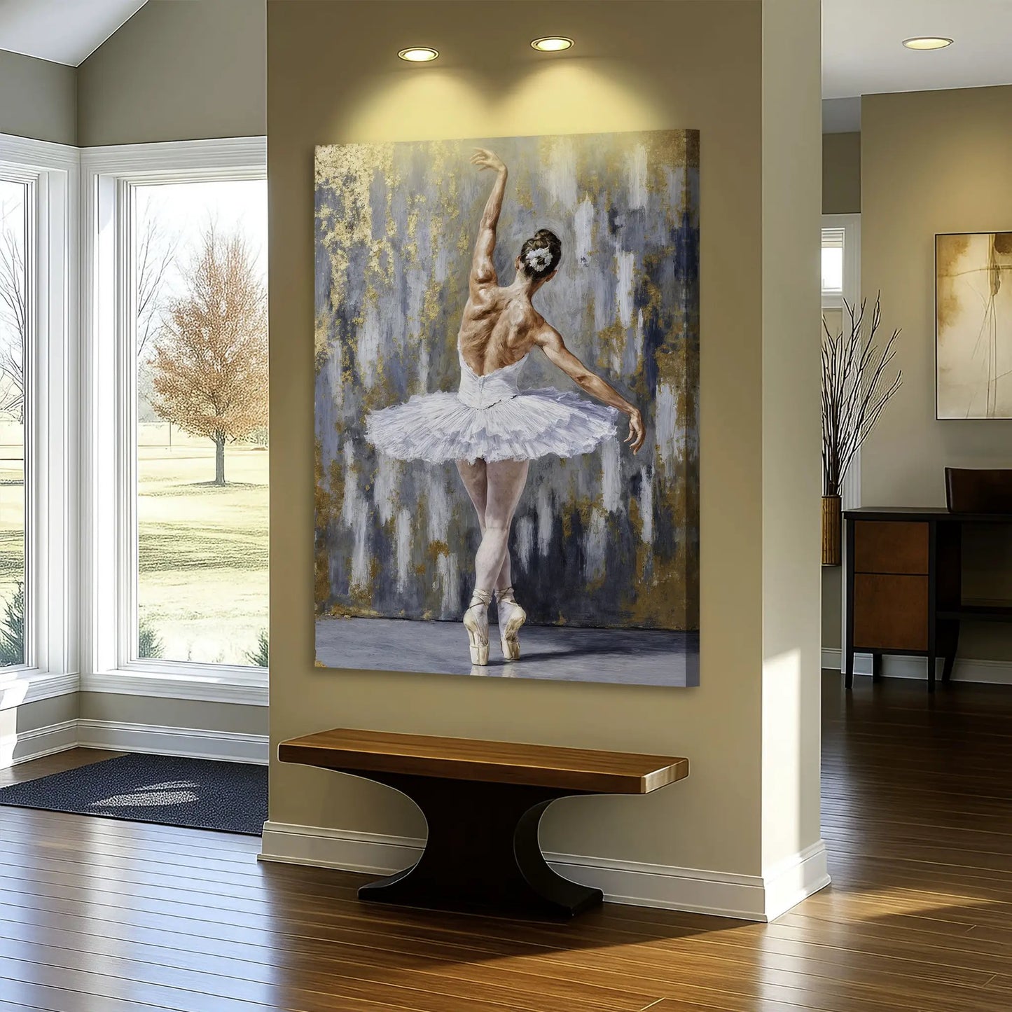 Modern Ballet Elegance Canvas by Tailored Canvases, dancer in tutu against a blue backdrop on Tampa Home & Garden Store