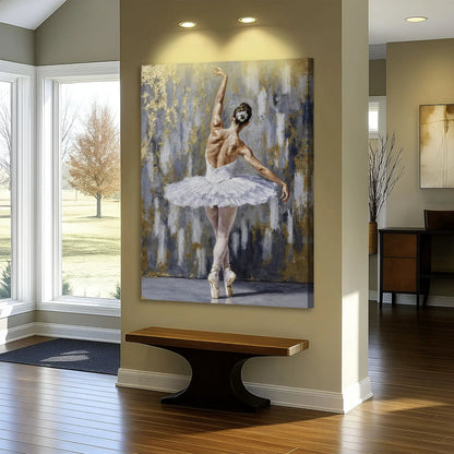 Modern Ballet Elegance Canvas by Tailored Canvases, dancer in tutu against a blue backdrop on Tampa Home & Garden Store