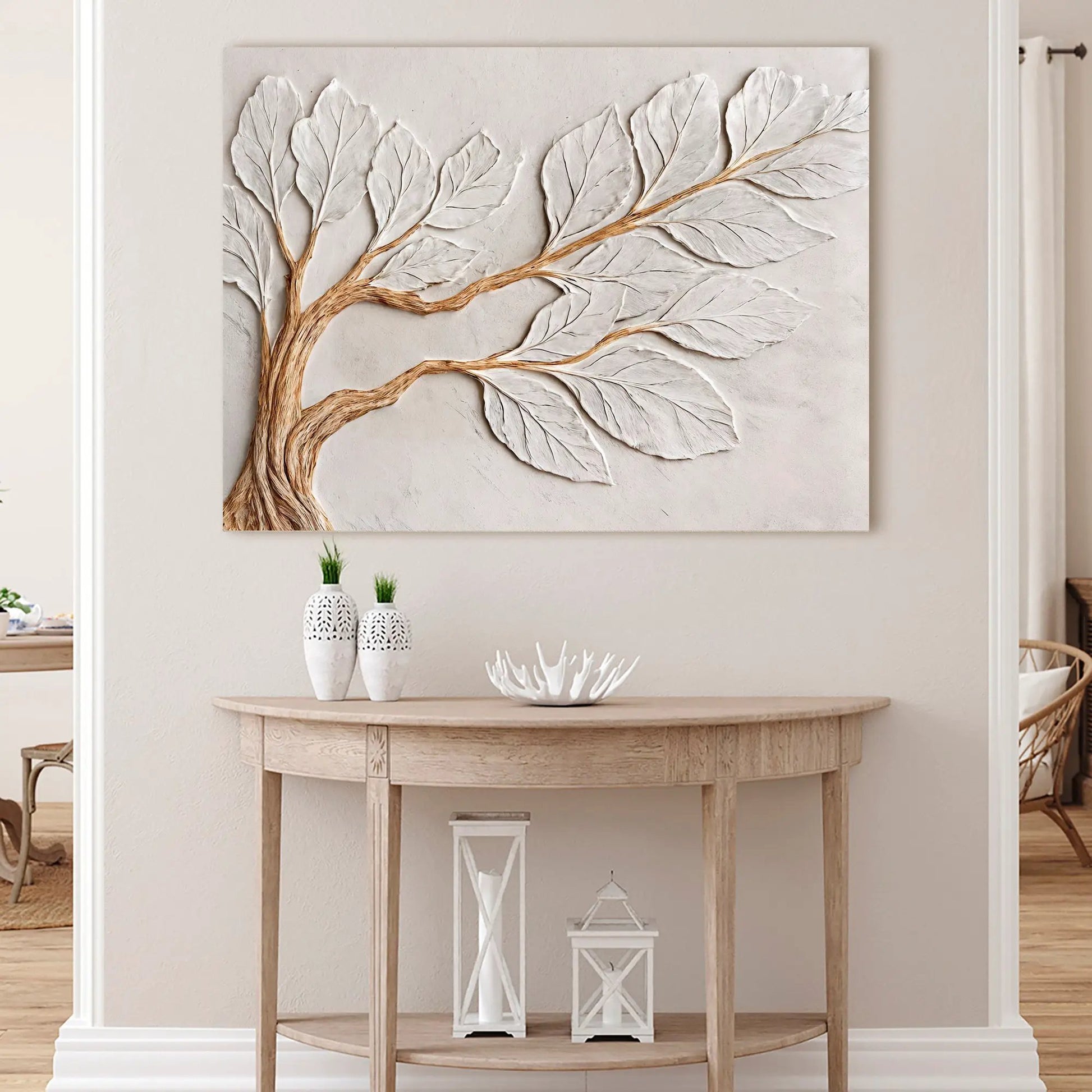 Calm In Ivory Clay Wall Art Canvas with ivory leaves on brown branch Tailored Canvases on Tampa Home & Garden Store