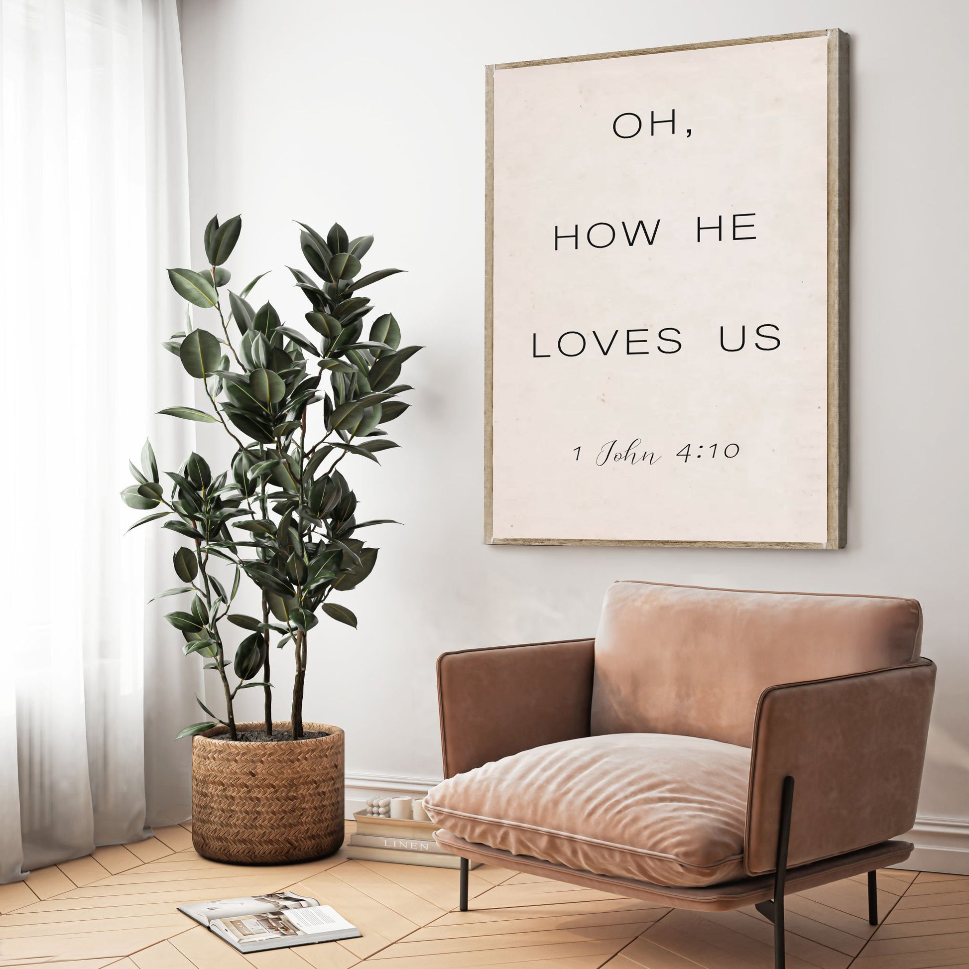 Canvas faith sign II by Tailored Canvases with Oh How He Loves Us verse 1 John 4:10 beige on Tampa Home & Garden Store