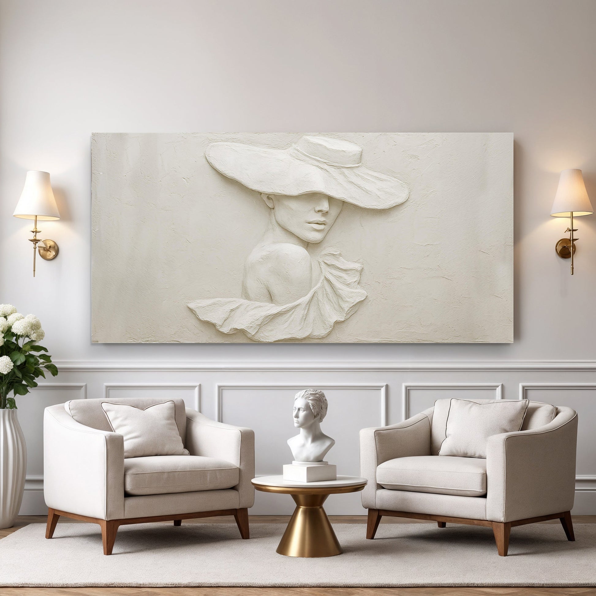 3D Minimalist Female Portrait Canvas with white textured relief hat on Tampa Home & Garden Store