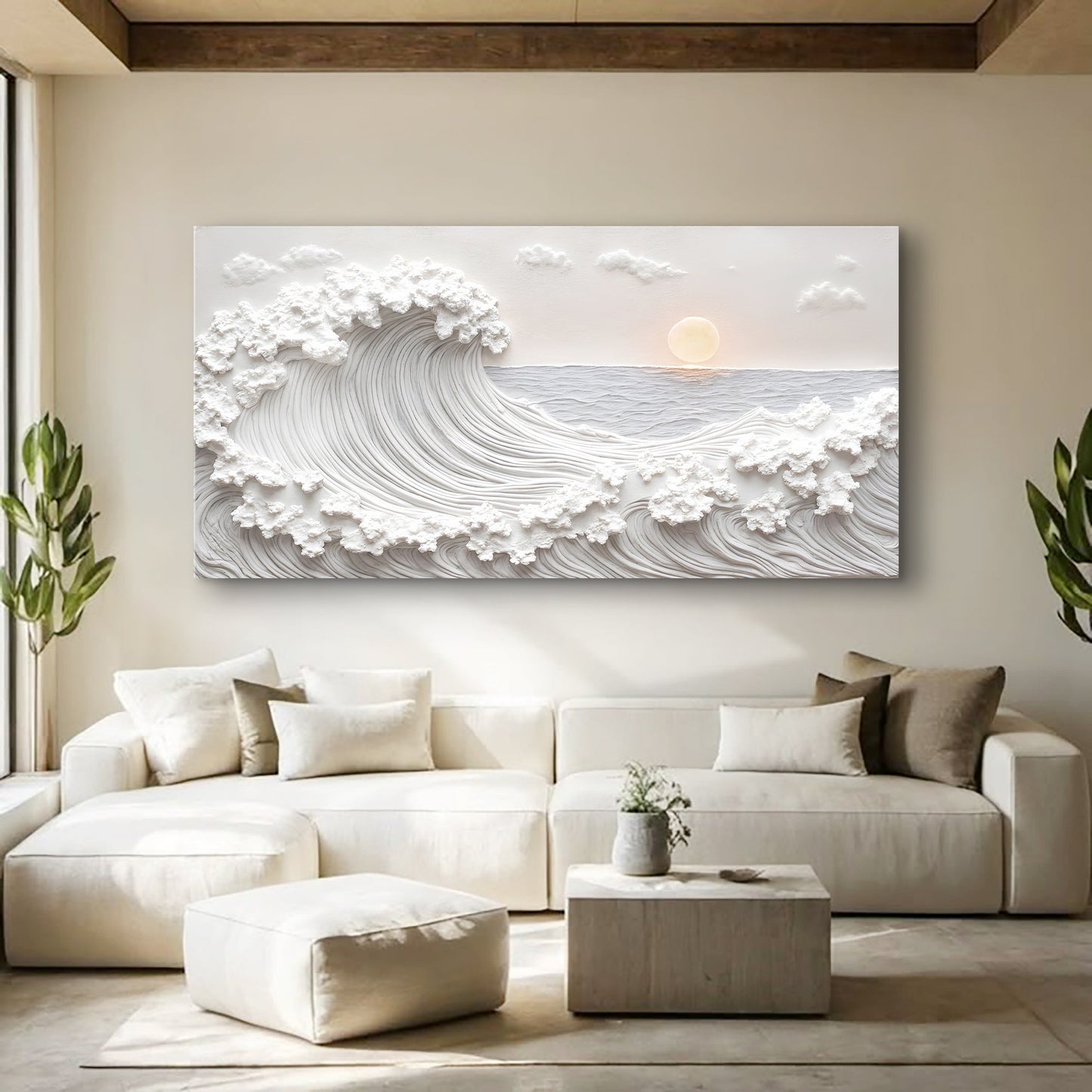 Ocean Waves Abstract Wall Art canvas with white 3D wave relief and pale sun over water on Tampa Home & Garden Store