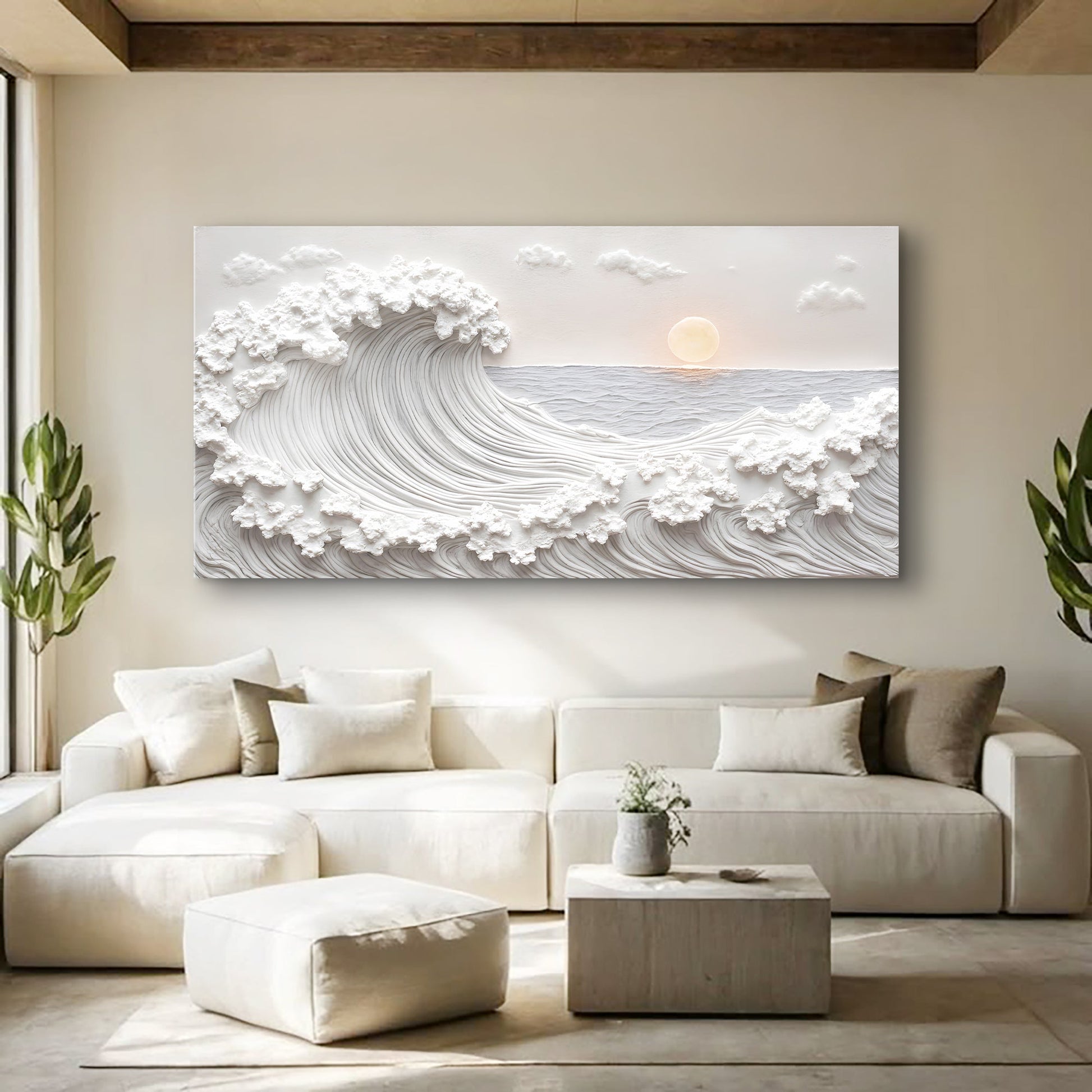 Ocean Waves Abstract Wall Art canvas with white 3D wave relief and pale sun over water on Tampa Home & Garden Store