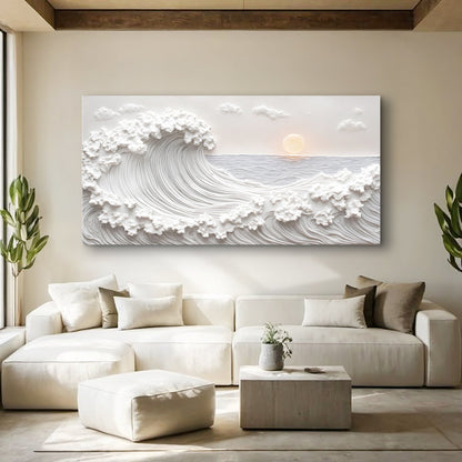 Ocean Waves Abstract Wall Art canvas with white 3D wave relief and pale sun over water on Tampa Home & Garden Store