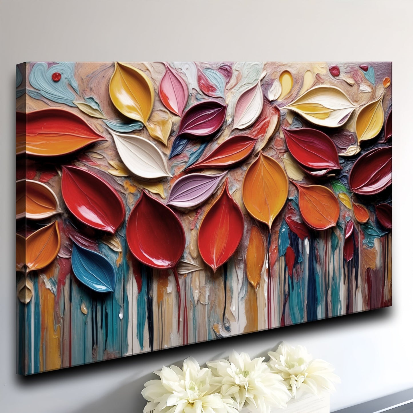 Autumn Rain Wall Art canvas with leaf shapes in thick impasto by Tailored Canvases on Tampa Home & Garden Store
