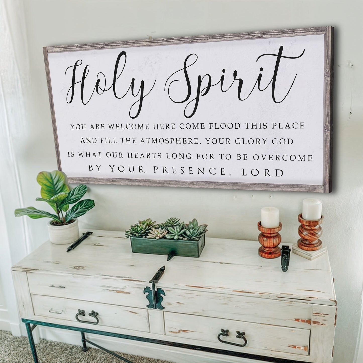 Holy Spirit You Are Welcome Here Faith Sign II canvas with black script on white backdrop on Tampa Home & Garden Store