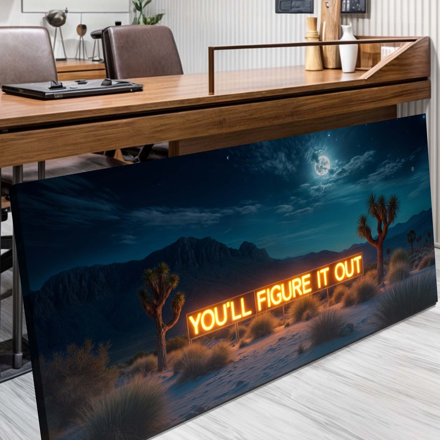 Canvas sign You'll Figure It Out neon orange text desert night scene with palm trees Tailored Canvases on Tampa Home & Garden Store