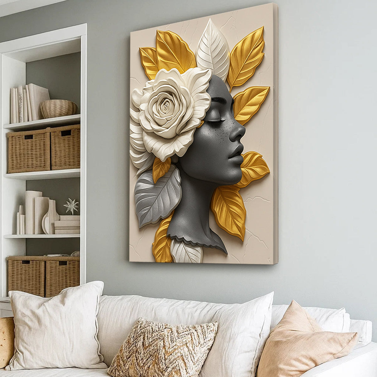 Floral Majesty Wall Art III canvas by Tailored Canvases featuring a white rose and gold leaves on Tampa Home & Garden Store
