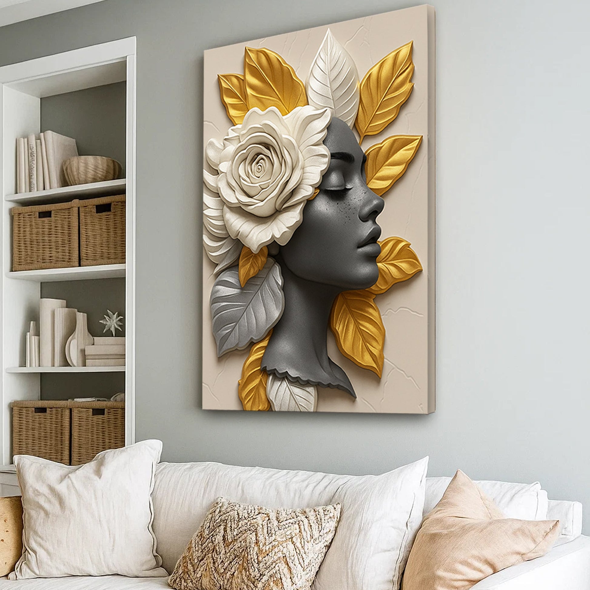Floral Majesty Wall Art III canvas by Tailored Canvases featuring a white rose and gold leaves on Tampa Home & Garden Store