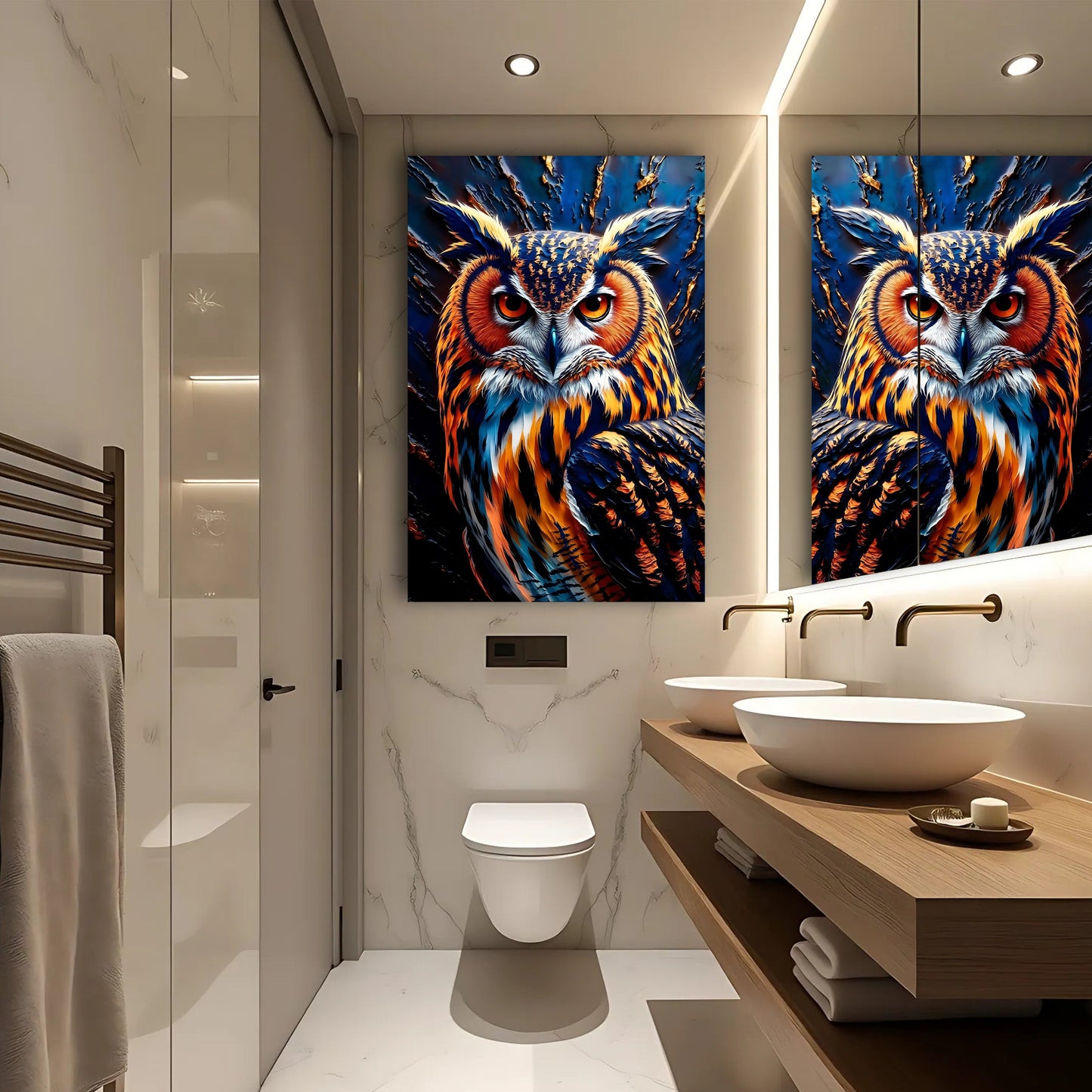 Abstract Owl Wall Art canvas diptych in vivid blue and orange tones Tailored Canvases on Tampa Home & Garden Store