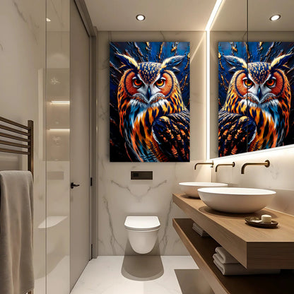 Abstract Owl Wall Art canvas diptych in vivid blue and orange tones Tailored Canvases on Tampa Home & Garden Store