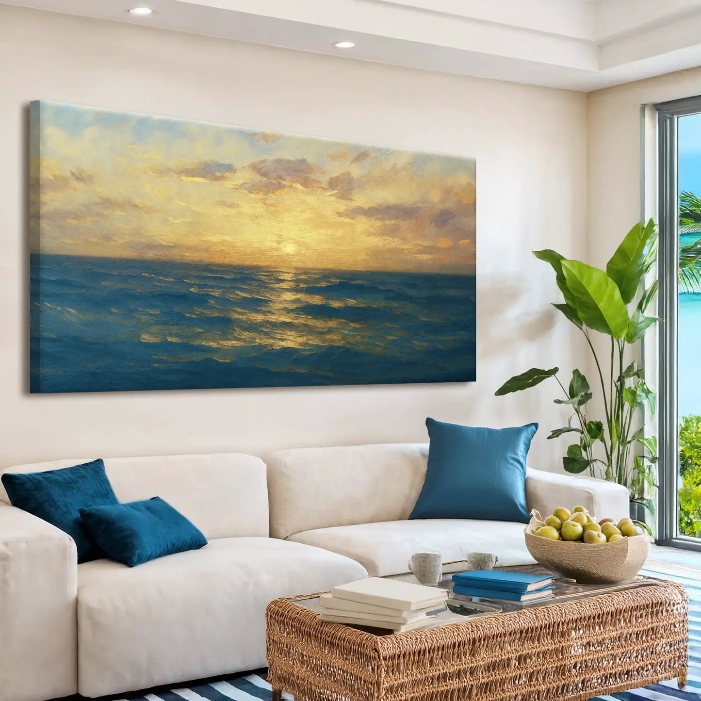 Waterscape Abstract Wall Art VII canvas by Tailored Canvases with ocean blues and sunset golds on Tampa Home & Garden Store