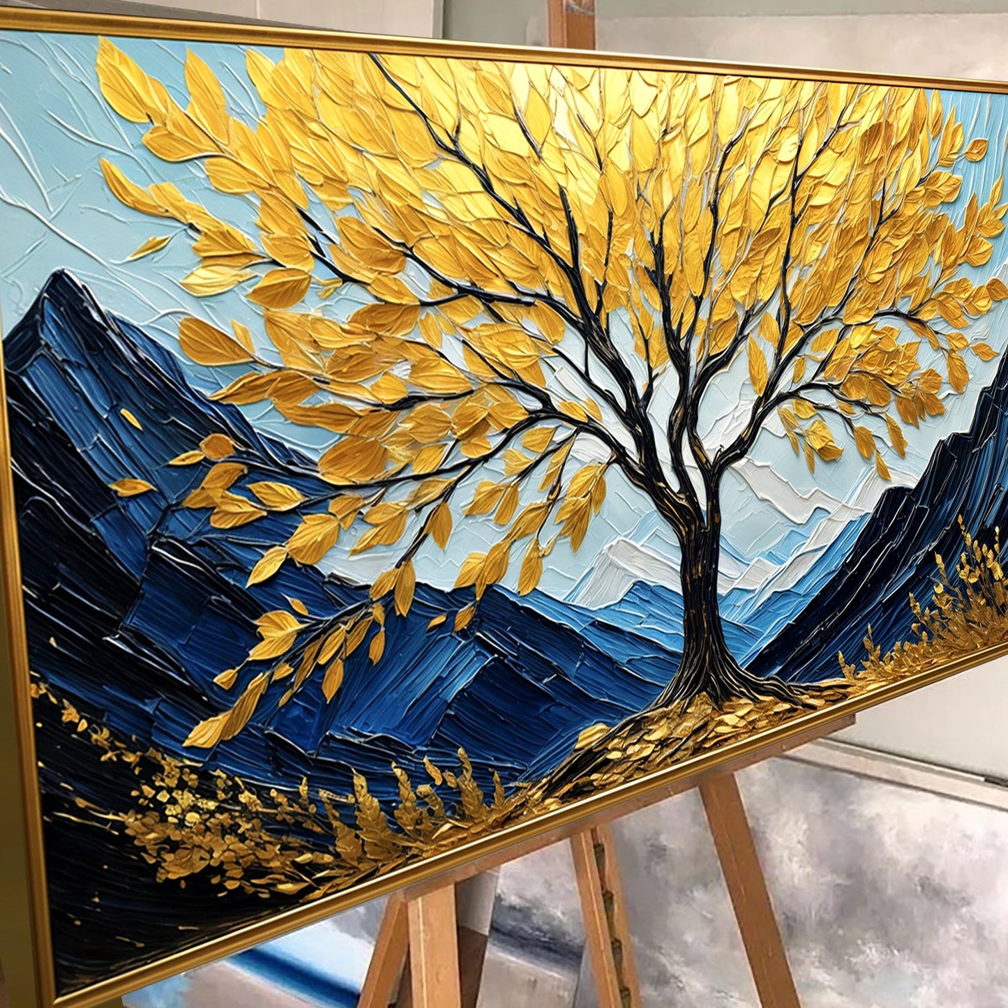 Golden Sanctuary wall art canvas with golden leaves on blue mountains Tailored Canvases on Tampa Home & Garden Store