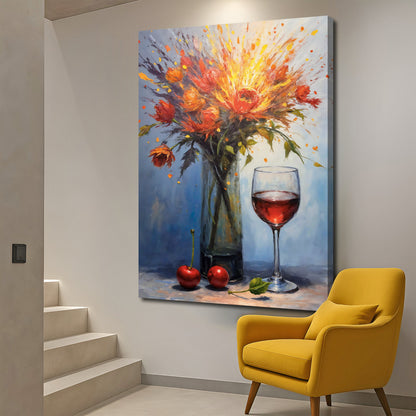 Dynamic Still Life Abstract Wall Art canvas with orange bouquet and glass on Tampa Home & Garden Store