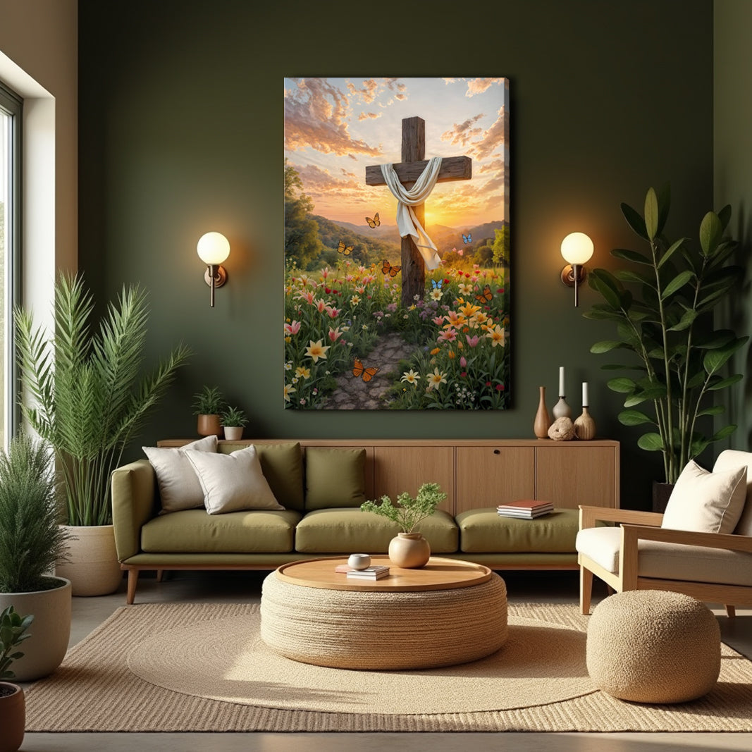 Cross and Flowers Faith Wall Art canvas with a wooden cross and white drapery in a flower field on Tampa Home & Garden Store