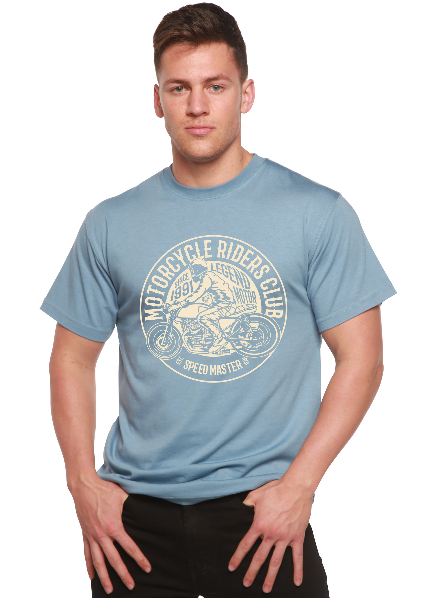 Motorcycle Riders Club men's bamboo tee; blue with circular rider print by Spun Bamboo on Tampa Home & Garden Store