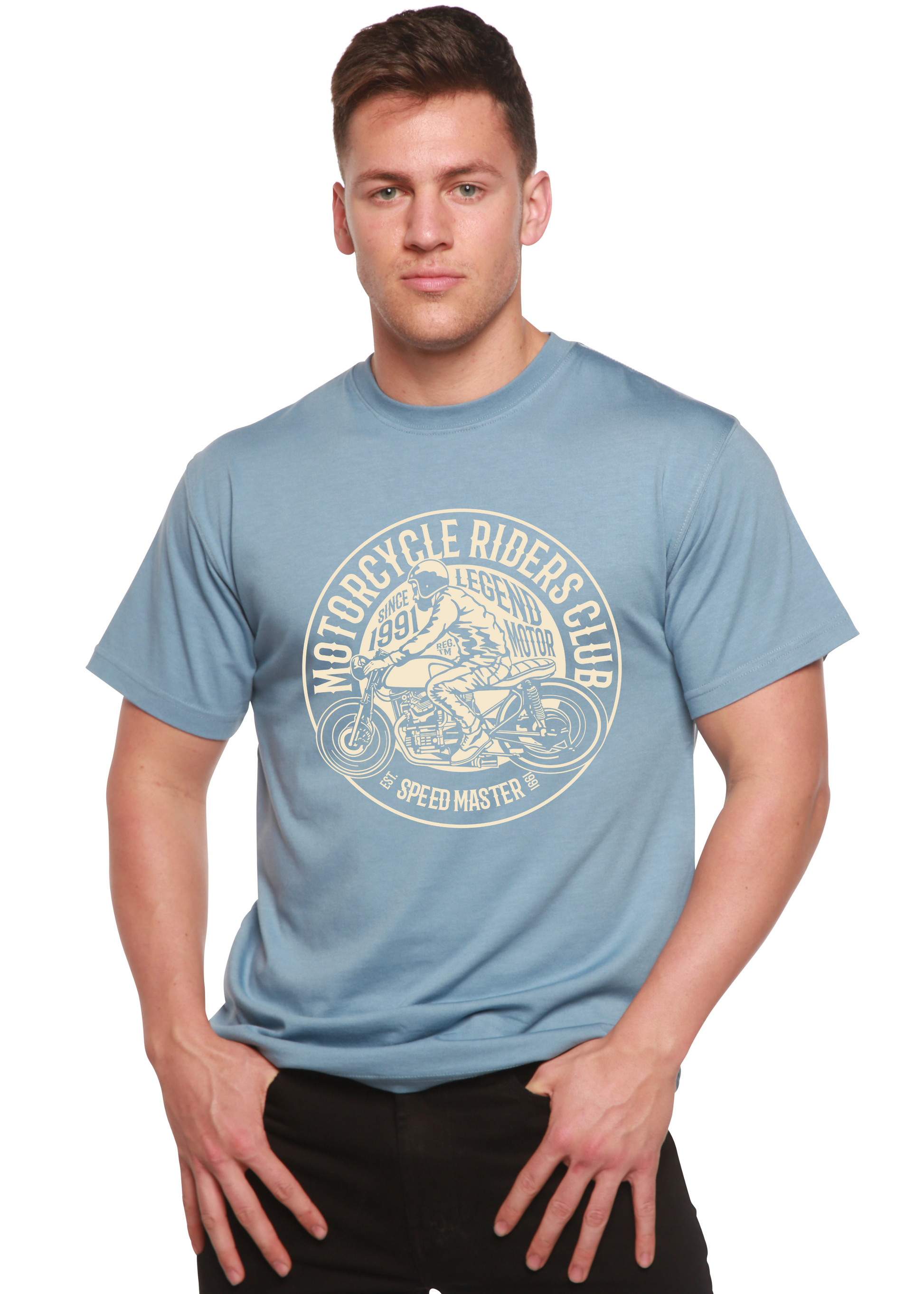 Motorcycle Riders Club men's bamboo tee; blue with circular rider print by Spun Bamboo on Tampa Home & Garden Store