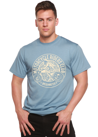 Motorcycle Riders Club men's bamboo tee; blue with circular rider print by Spun Bamboo on Tampa Home & Garden Store
