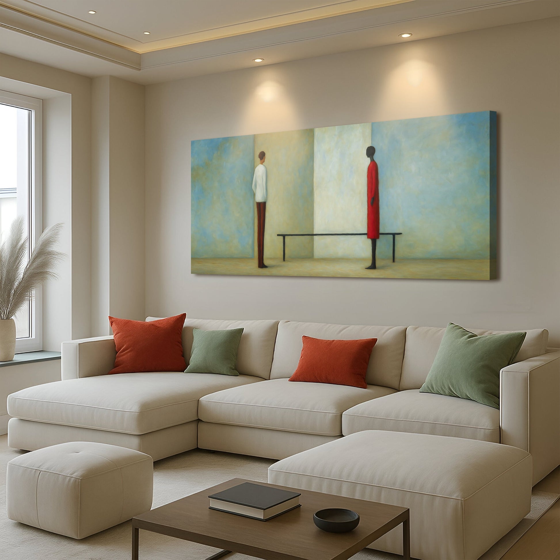 Confrontation Abstract Wall Art canvas triptych with blue beige panels and two figures on Tampa Home & Garden Store