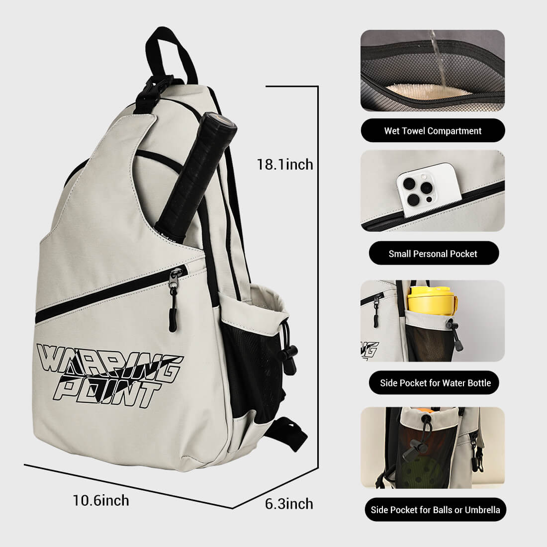 Warping Point Pickleball Sling Bag Grey with wet towel compartment and side mesh pocket on Tampa Home & Garden Store