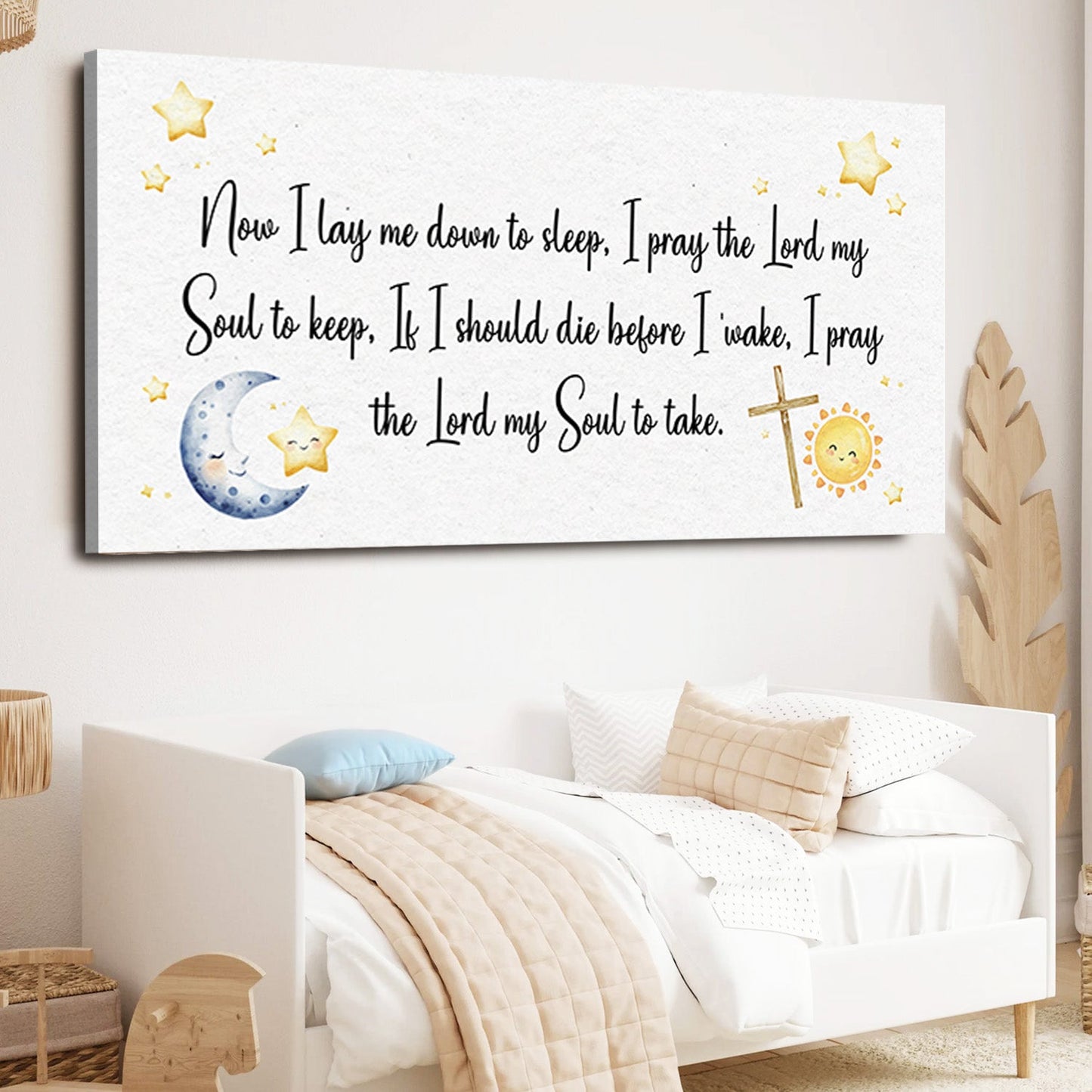 I Lay Me Down To Sleep Faith Sign canvas Tailored Canvases with script and moon sun accents on Tampa Home & Garden Store