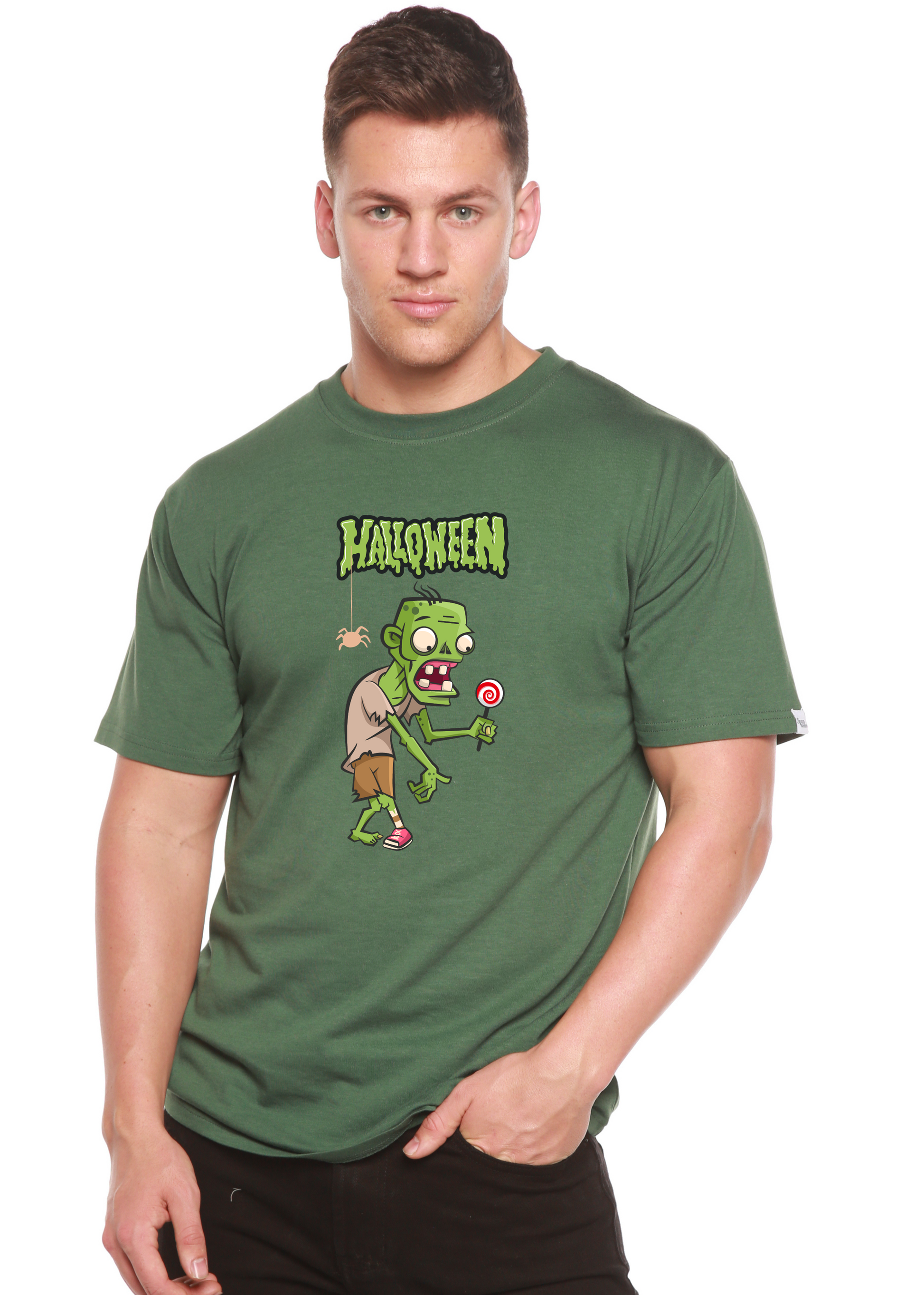 Men's green Halloween Monster graphic T-shirt in bamboo viscose/organic cotton by Spun Bamboo on Tampa Home & Garden Store