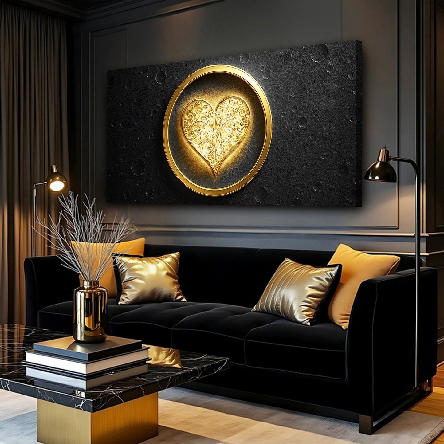 Heart Eclipse Wall Art canvas by Tailored Canvases featuring a gold heart on textured black on Tampa Home & Garden Store