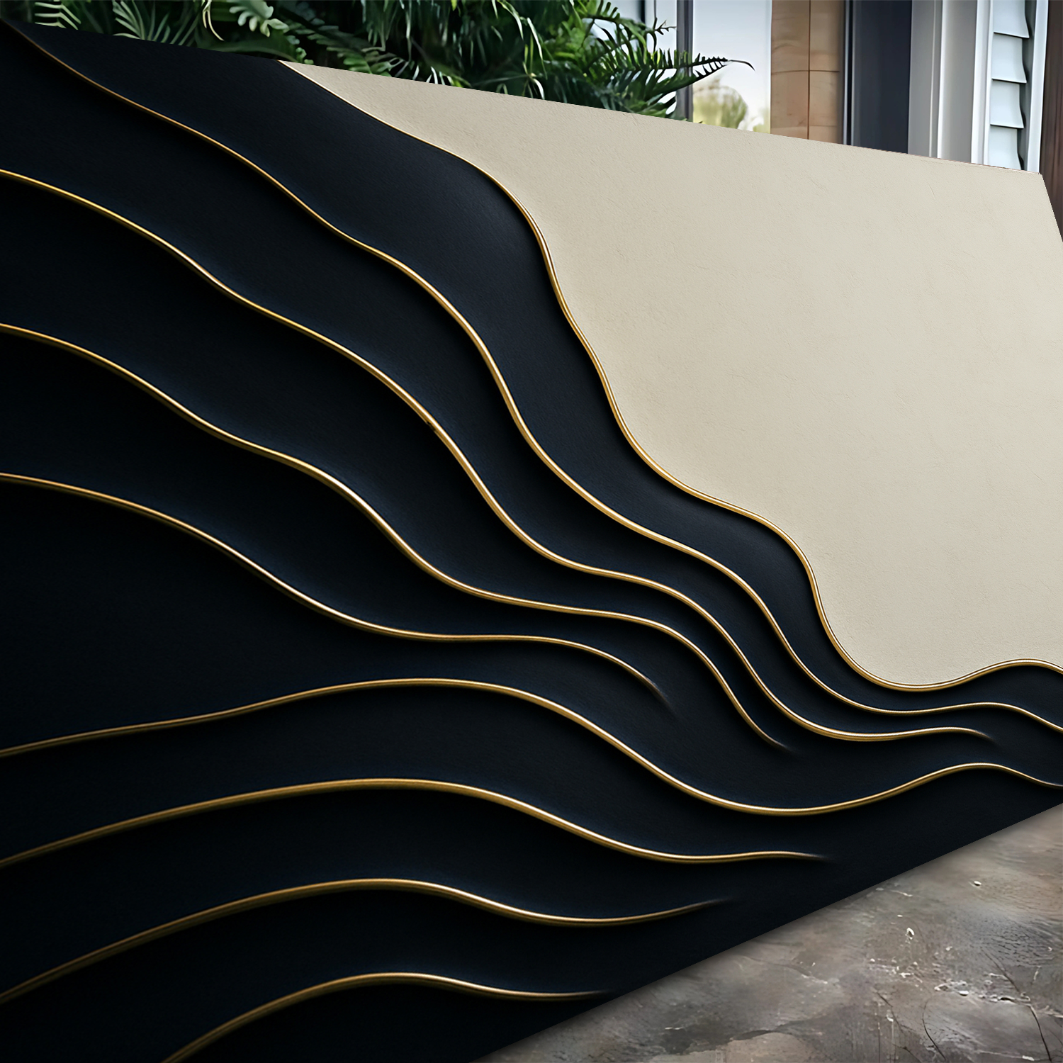 Black and Gold Minimalist Abstract Canvas Wall Art with overlapping wavy panels on Tampa Home & Garden Store