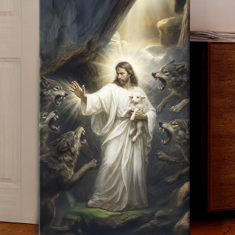 Jesus Protects The Lamb From Wolves Faith Wall Art XV canvas by Tailored Canvases on Tampa Home & Garden Store