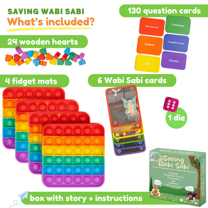 Saving Wabi Sabi educational toy set with 24 hearts, 4 mats, 130 cards, 6 Wabi Sabi cards, 1 die on Tampa Home & Garden Store