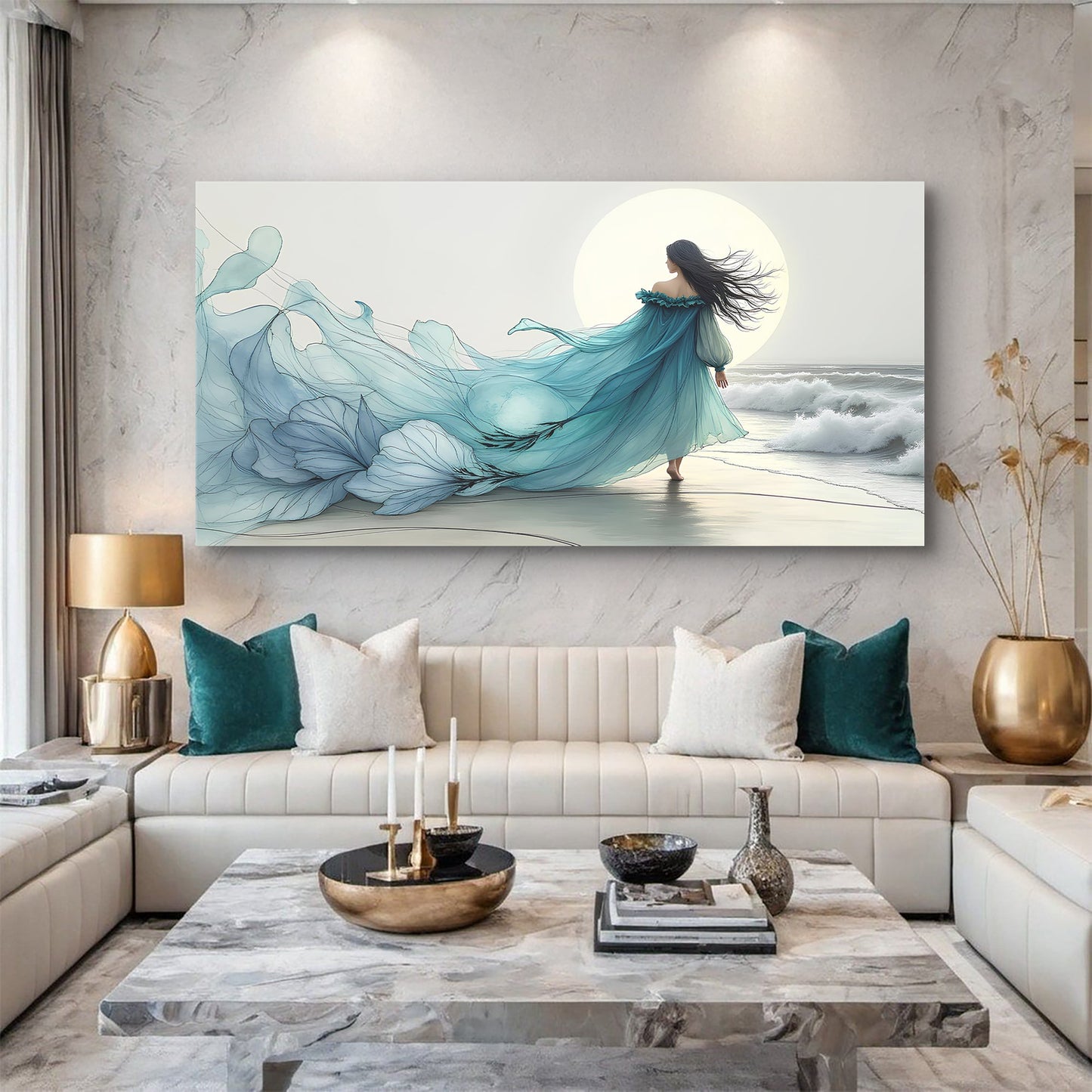 Swirling Winds by the Ocean canvas, Tailored Canvases, turquoise gown on beach with sun on Tampa Home & Garden Store