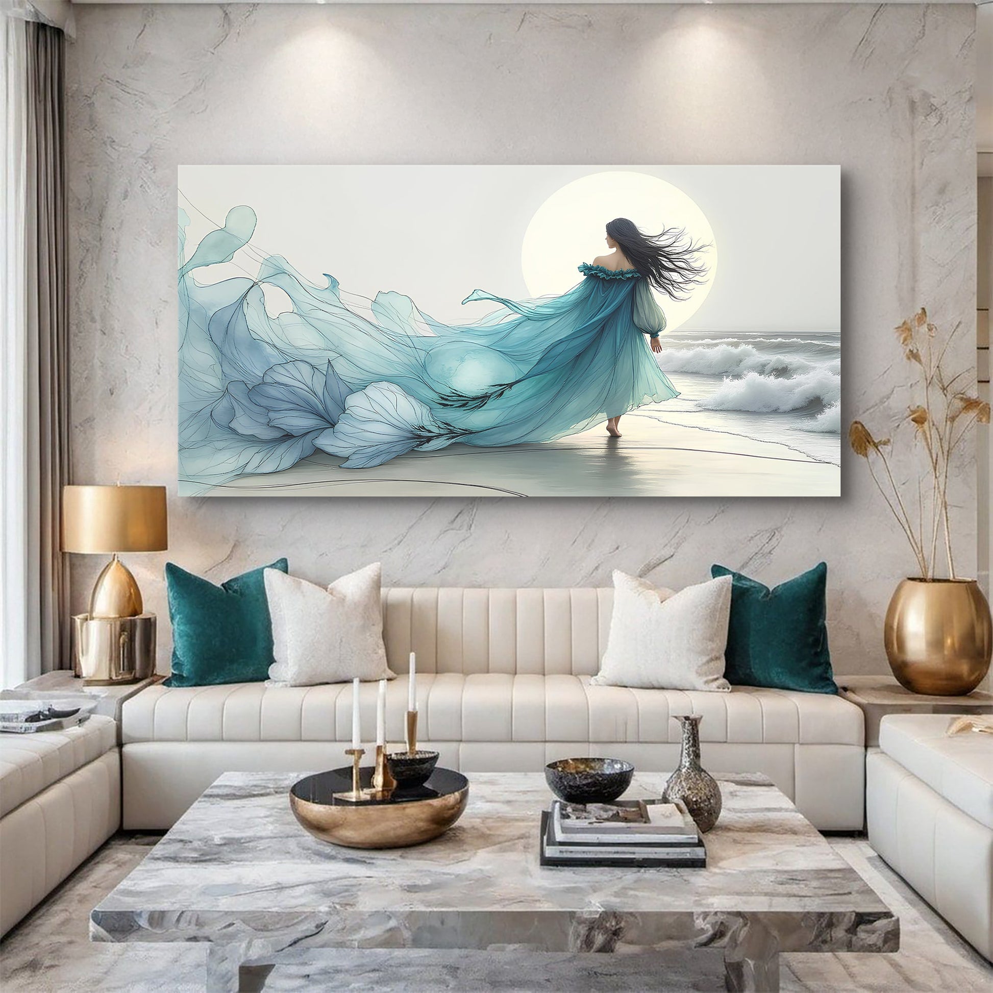 Swirling Winds by the Ocean canvas, Tailored Canvases, turquoise gown on beach with sun on Tampa Home & Garden Store