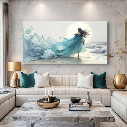 Swirling Winds by the Ocean canvas, Tailored Canvases, turquoise gown on beach with sun on Tampa Home & Garden Store