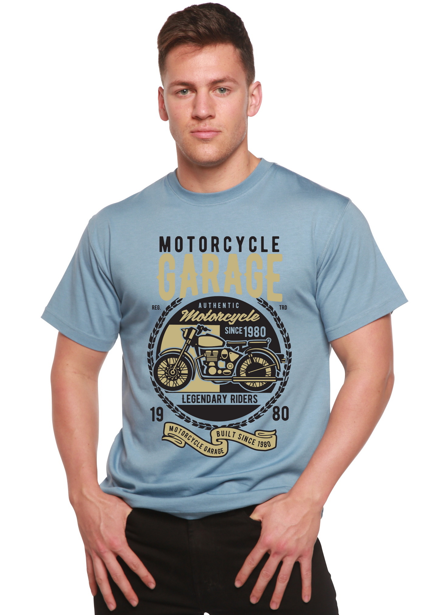Men's blue T-shirt with motorcycle garage design, bamboo viscose/organic cotton, Spun Bamboo on Tampa Home & Garden Store