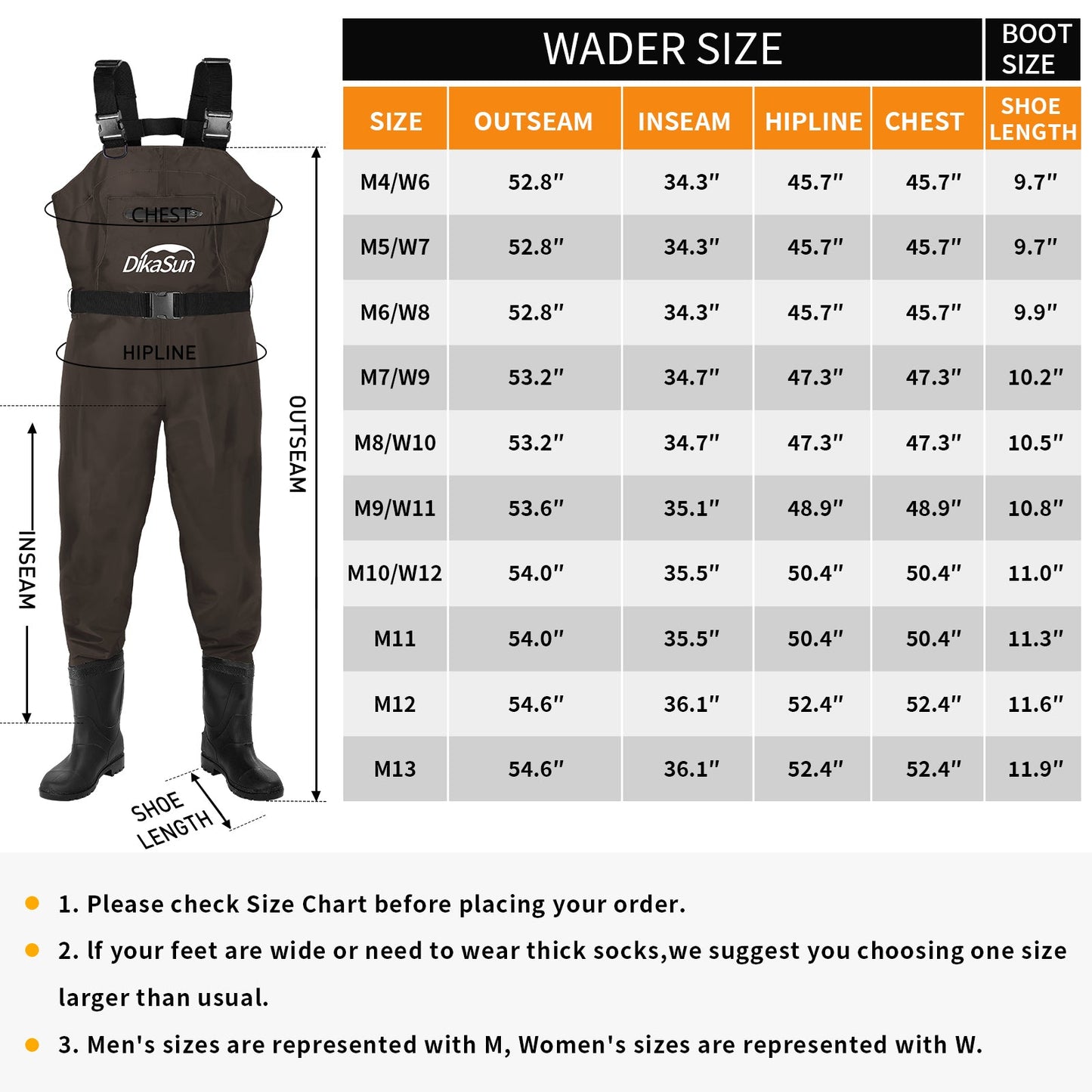 Unisex DikaSun lightweight bootfoot chest waders in brown with boots and suspenders on Tampa Home & Garden Store