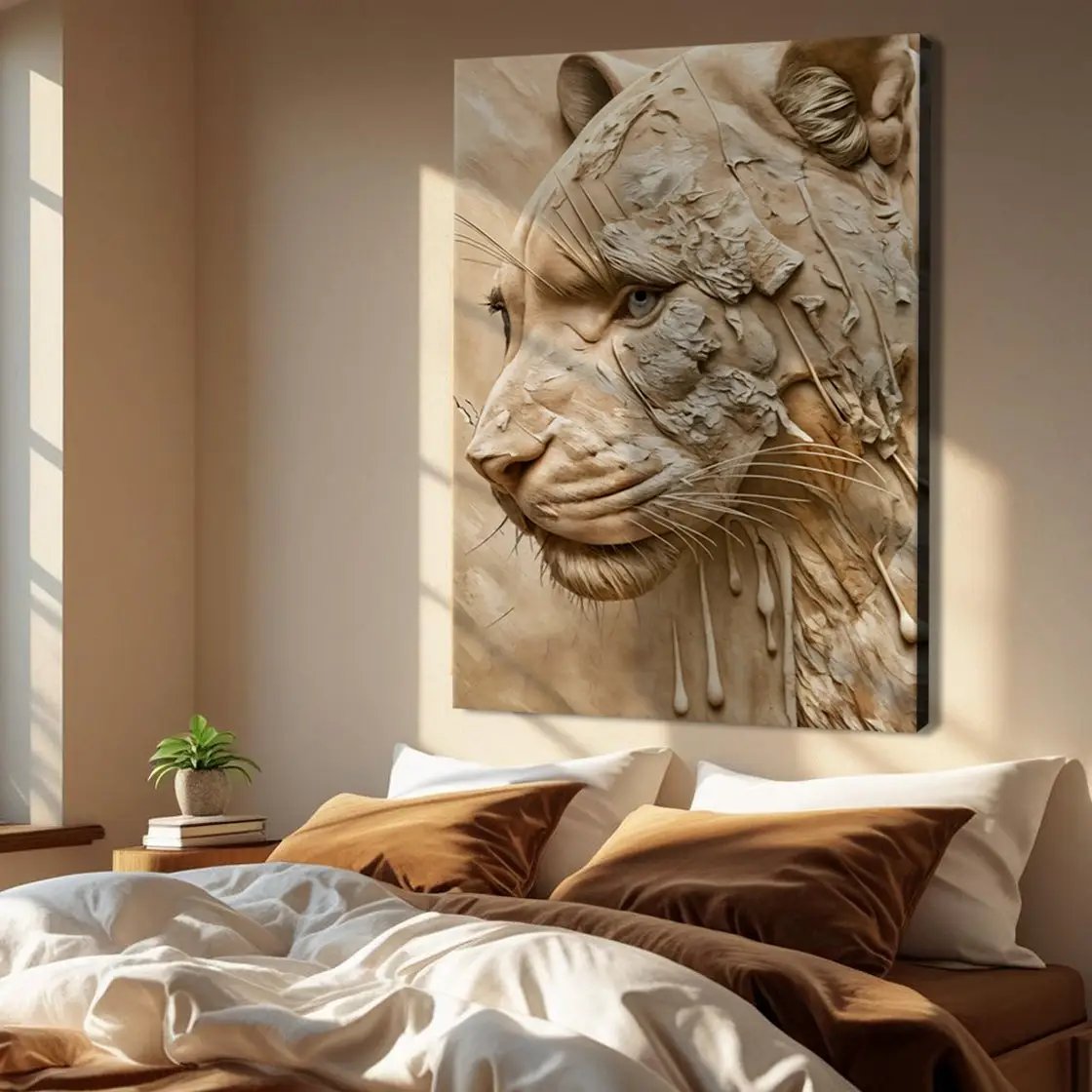 Earthen Predator Wall Art canvas beige sculptural lion Tailored Canvases crafting canvas on Tampa Home & Garden Store