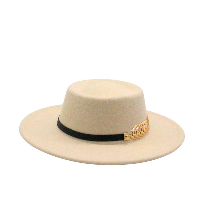 Fedora hat beige with black ribbon and gold leaf accent Stevvex on Tampa Home & Garden Store