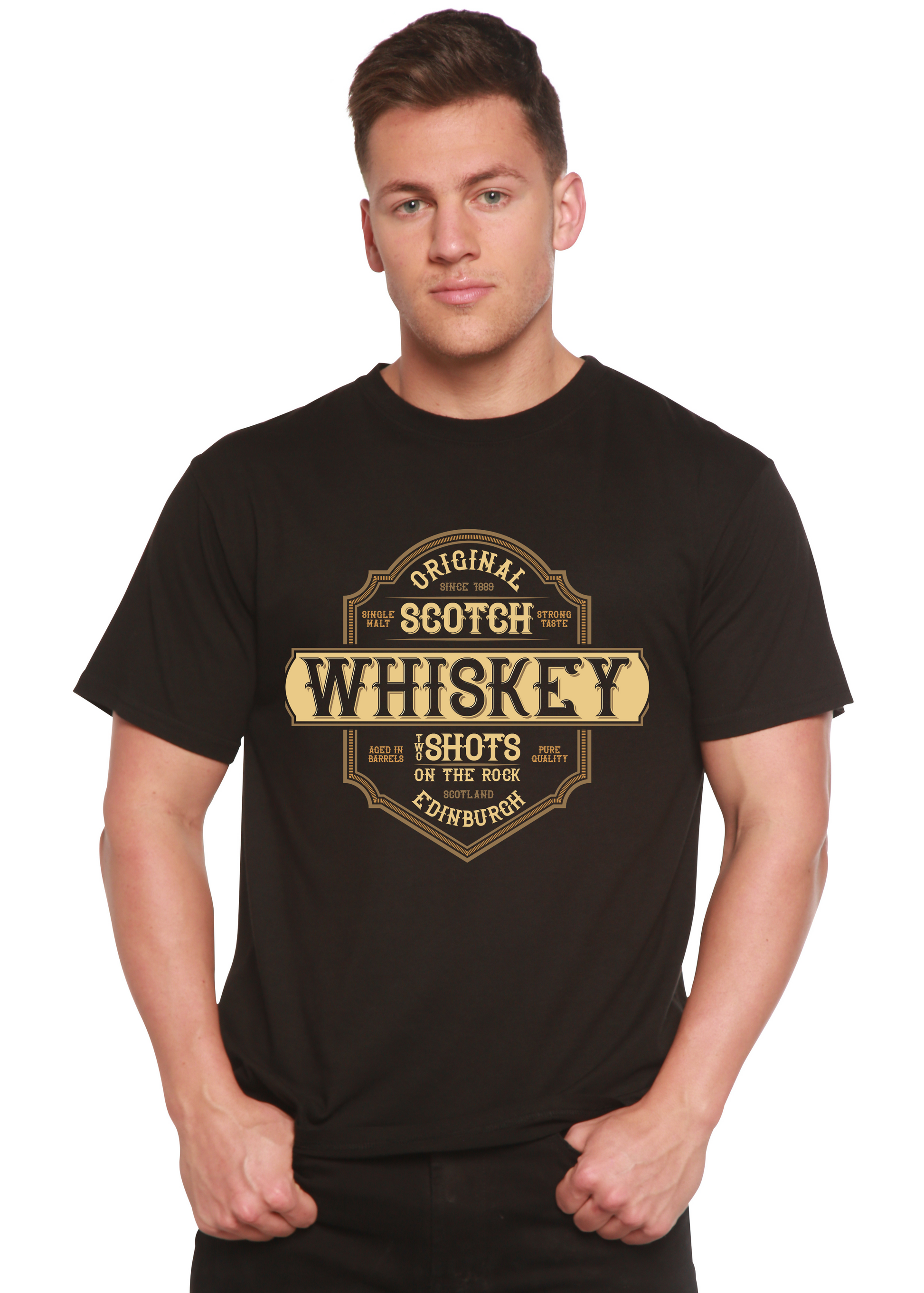 Whiskey Spun Bamboo bamboo viscose organic cotton graphic tee black with whiskey label print on Tampa Home & Garden Store