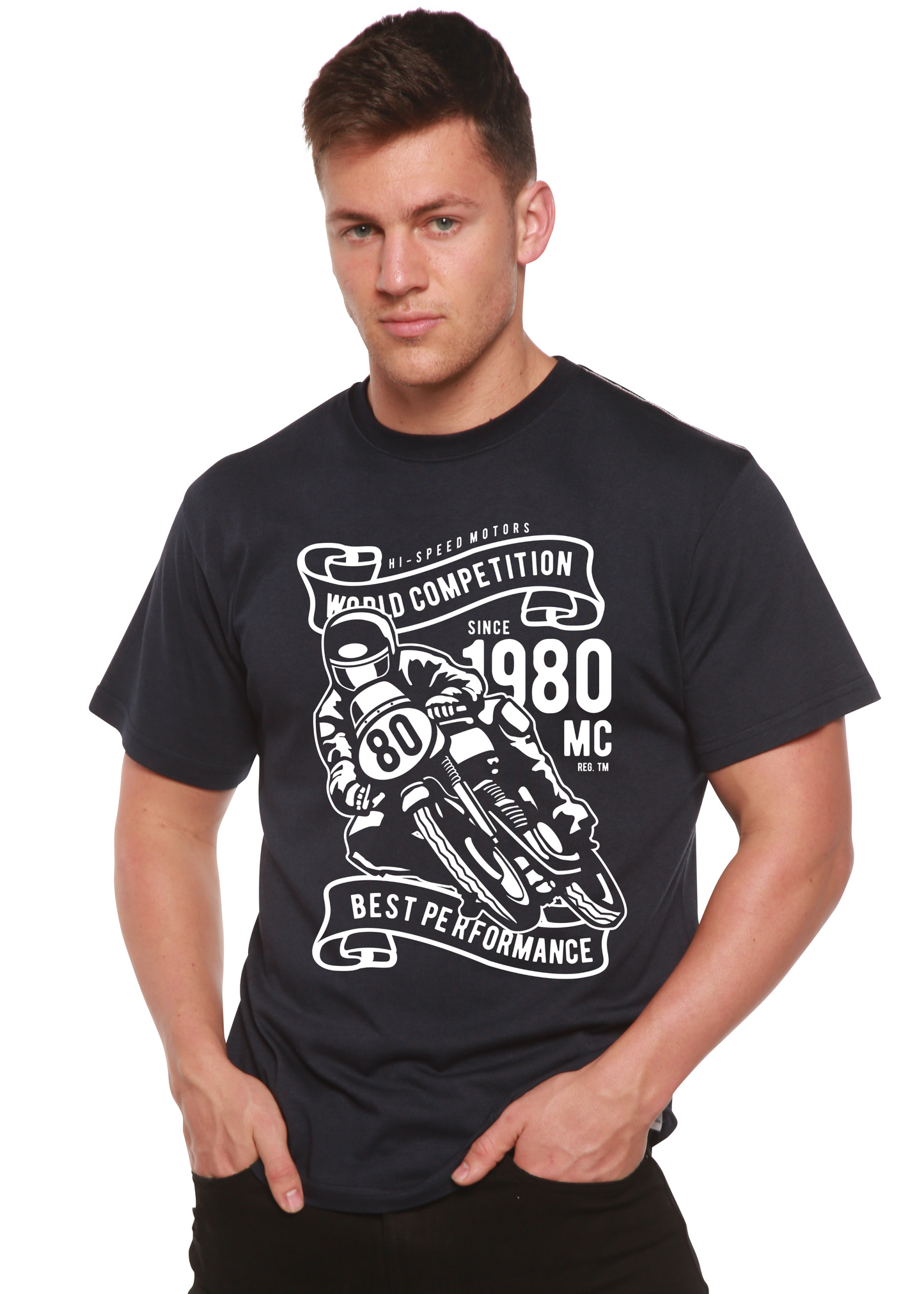 World Competition men's graphic tee in black with white racer art by Spun Bamboo on Tampa Home & Garden Store