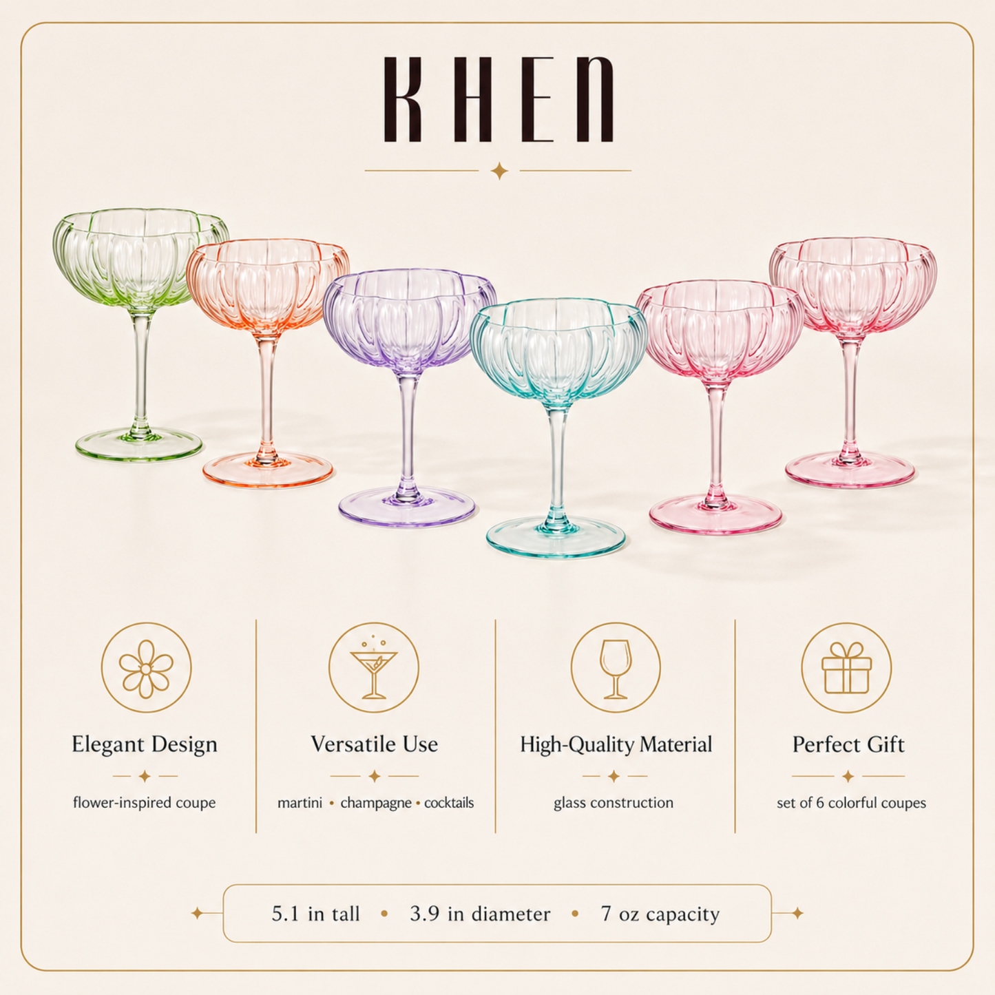 Set of six bright flower coupe cocktail glasses