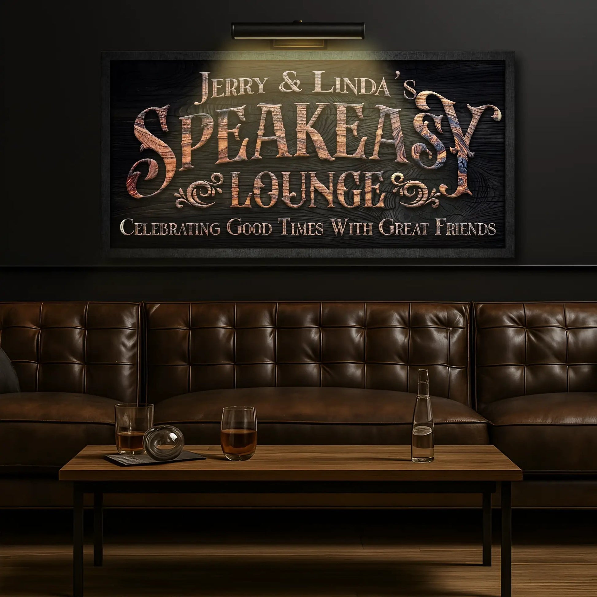 Speakeasy Lounge Wall Sign with bronze lettering on dark wood grain by Tailored Canvases on Tampa Home & Garden Store