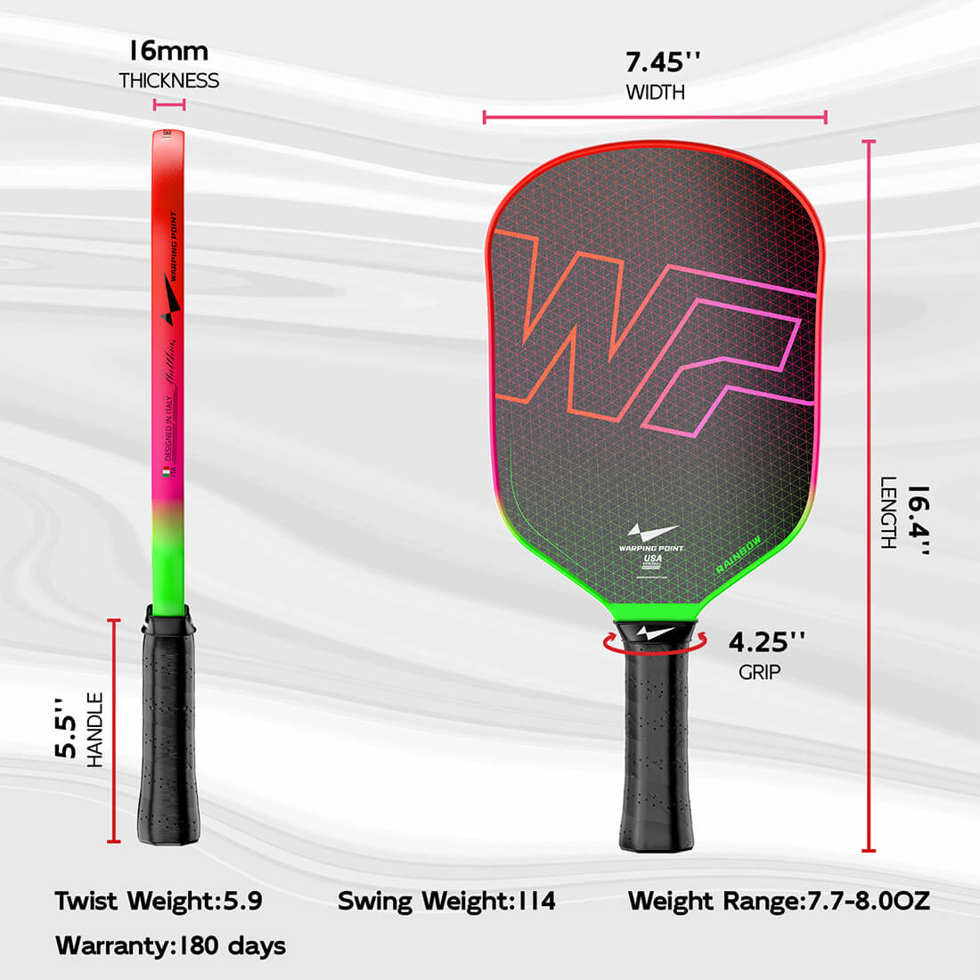 Rainbow Pickleball Paddle Gen 3 by Warping Point with rainbow gradient 16.4in length on Tampa Home & Garden Store