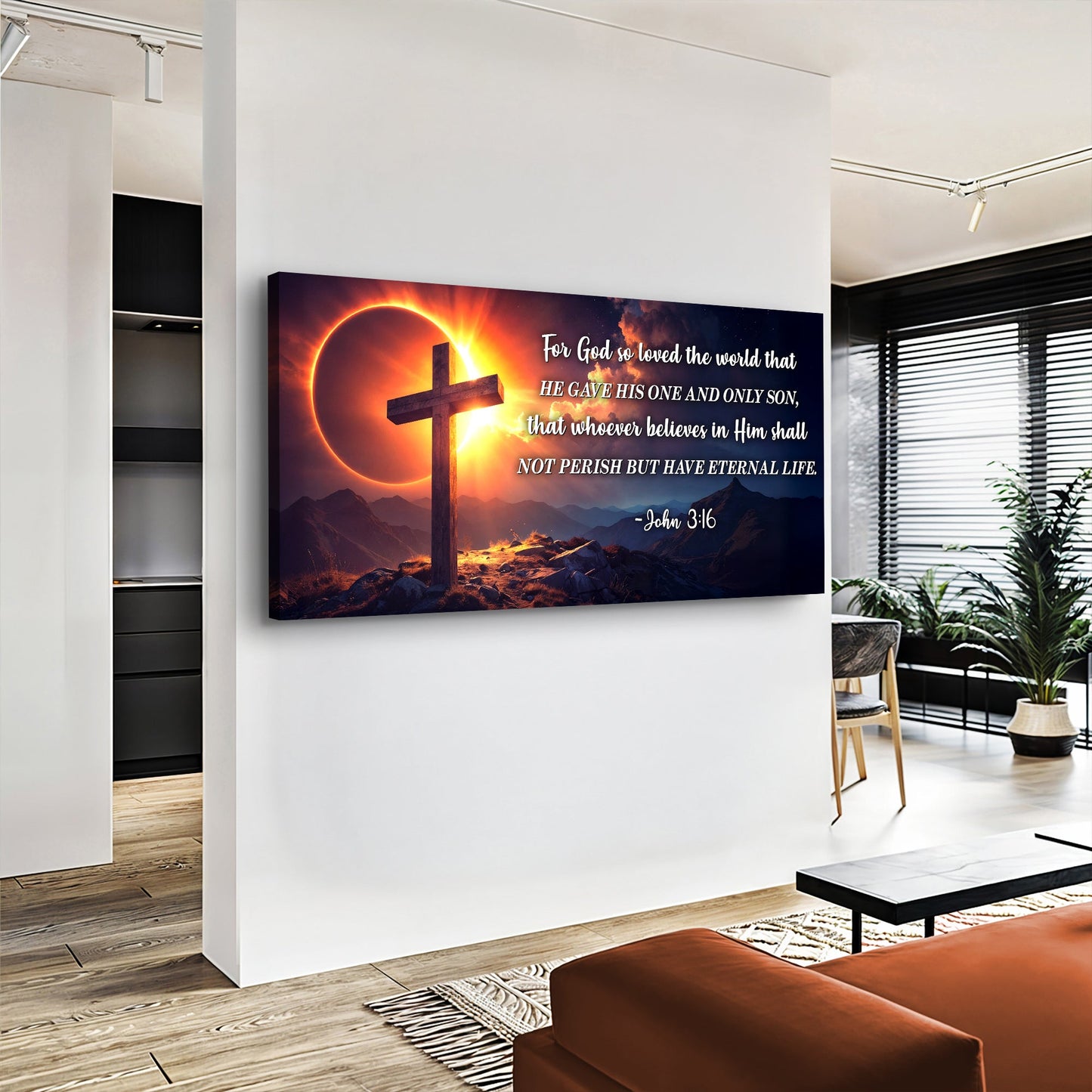 John 3:16 Faith Sign III canvas wall art with cross and sunset over mountains on Tampa Home & Garden Store