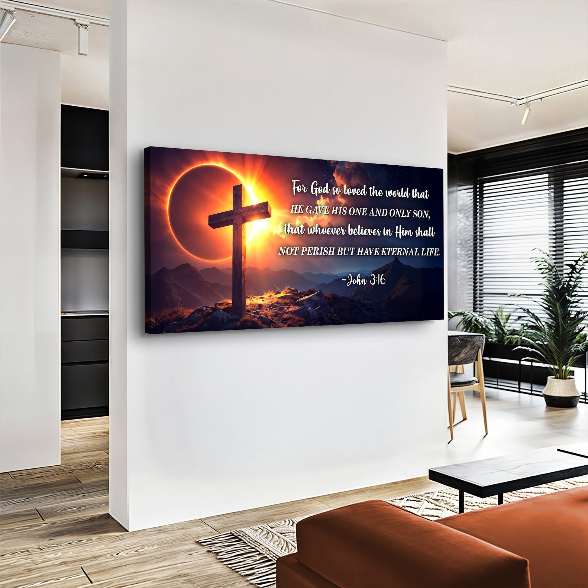 John 3:16 Faith Sign III canvas wall art with cross and sunset over mountains on Tampa Home & Garden Store