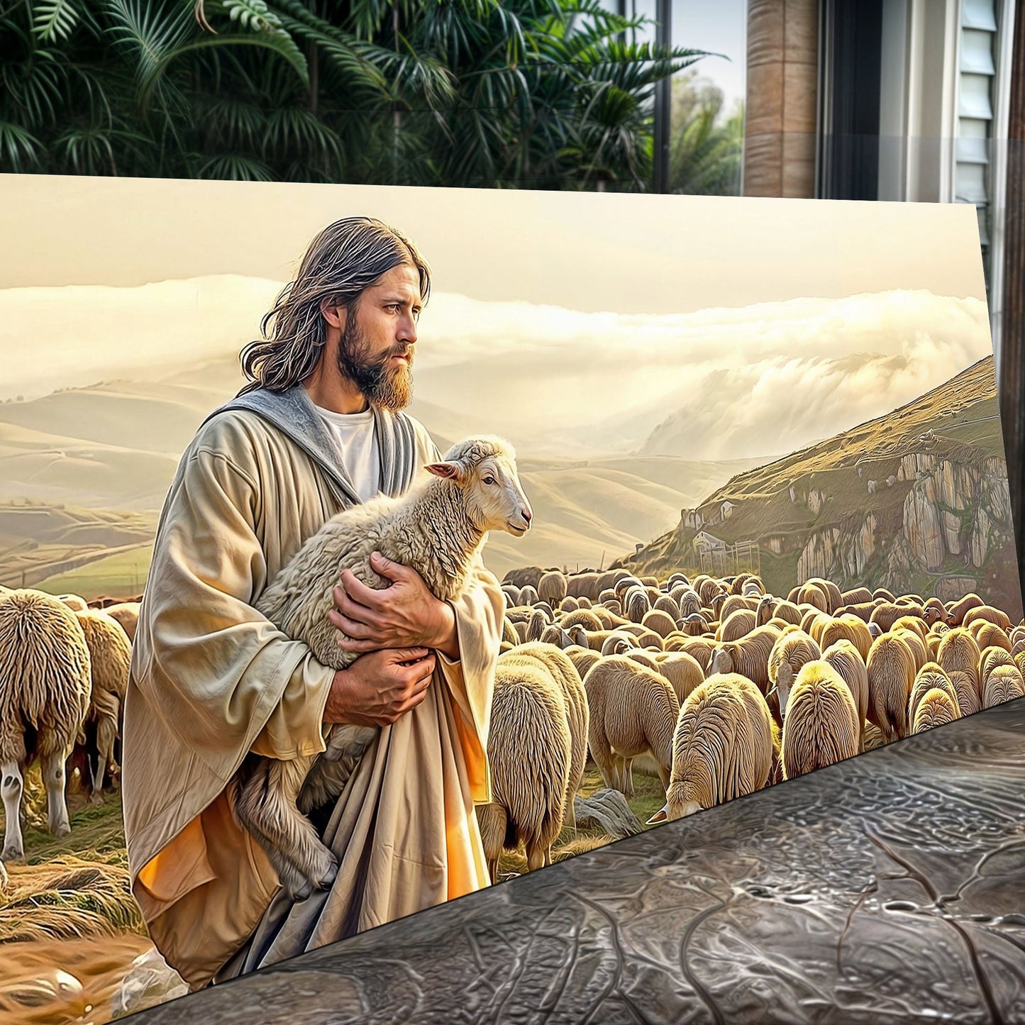 99 Faith Wall Art VIII canvas by Tailored Canvases shows a shepherd with lamb among sheep on Tampa Home & Garden Store