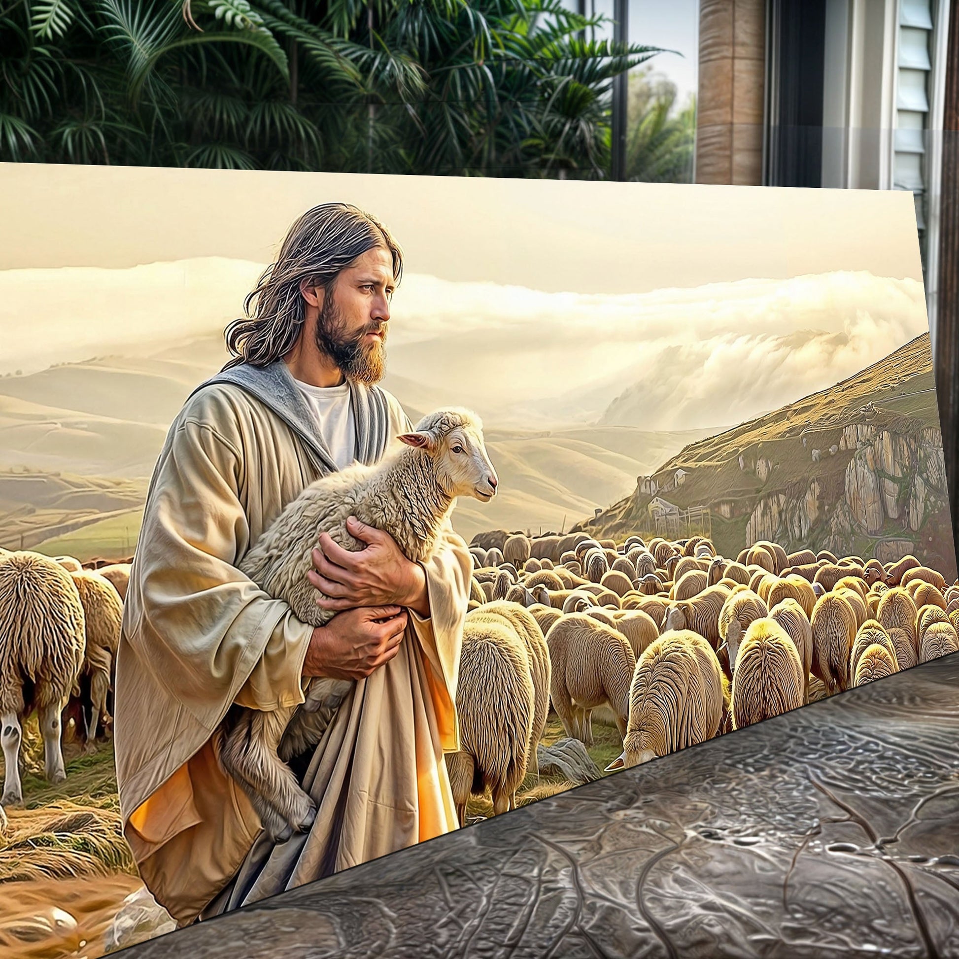 99 Faith Wall Art VIII canvas by Tailored Canvases shows a shepherd with lamb among sheep on Tampa Home & Garden Store