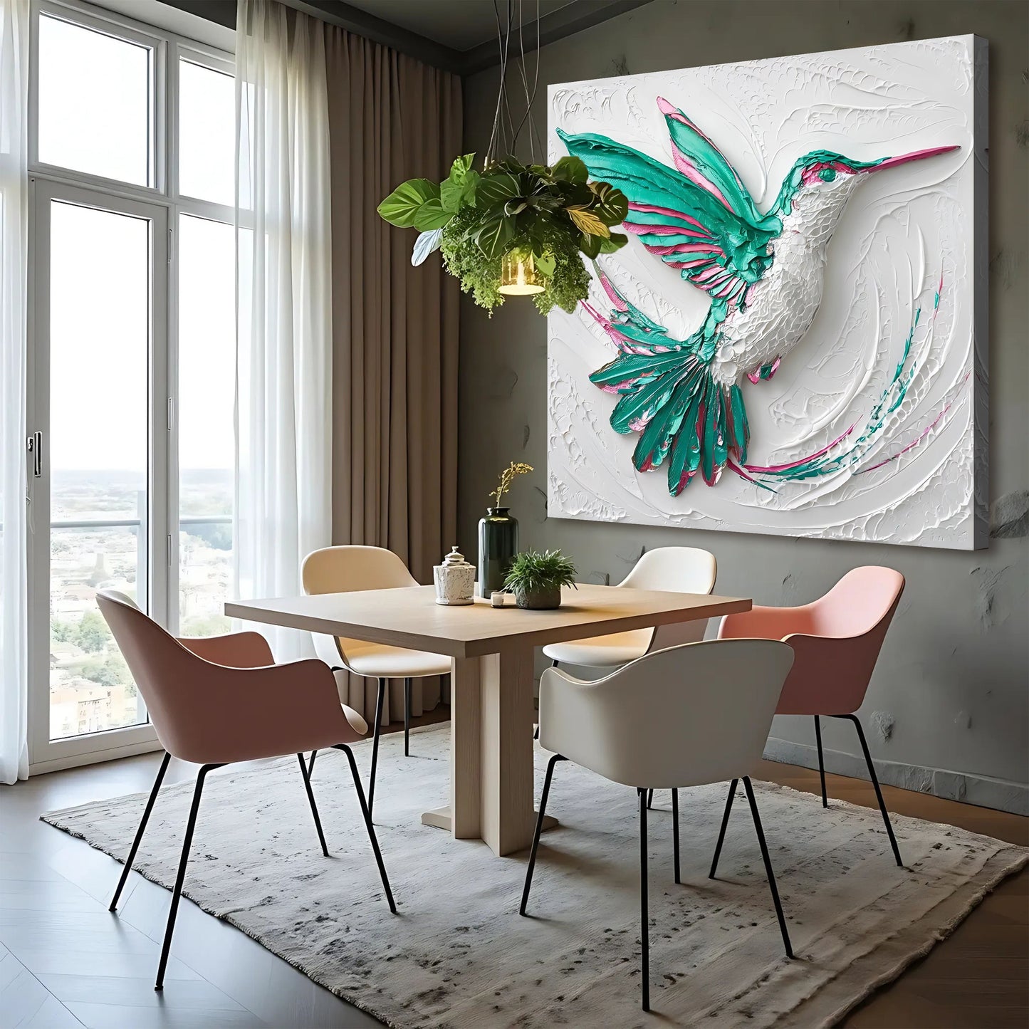 3D hummingbird canvas wall art teal pink textured relief Tailored Canvases on Tampa Home & Garden Store