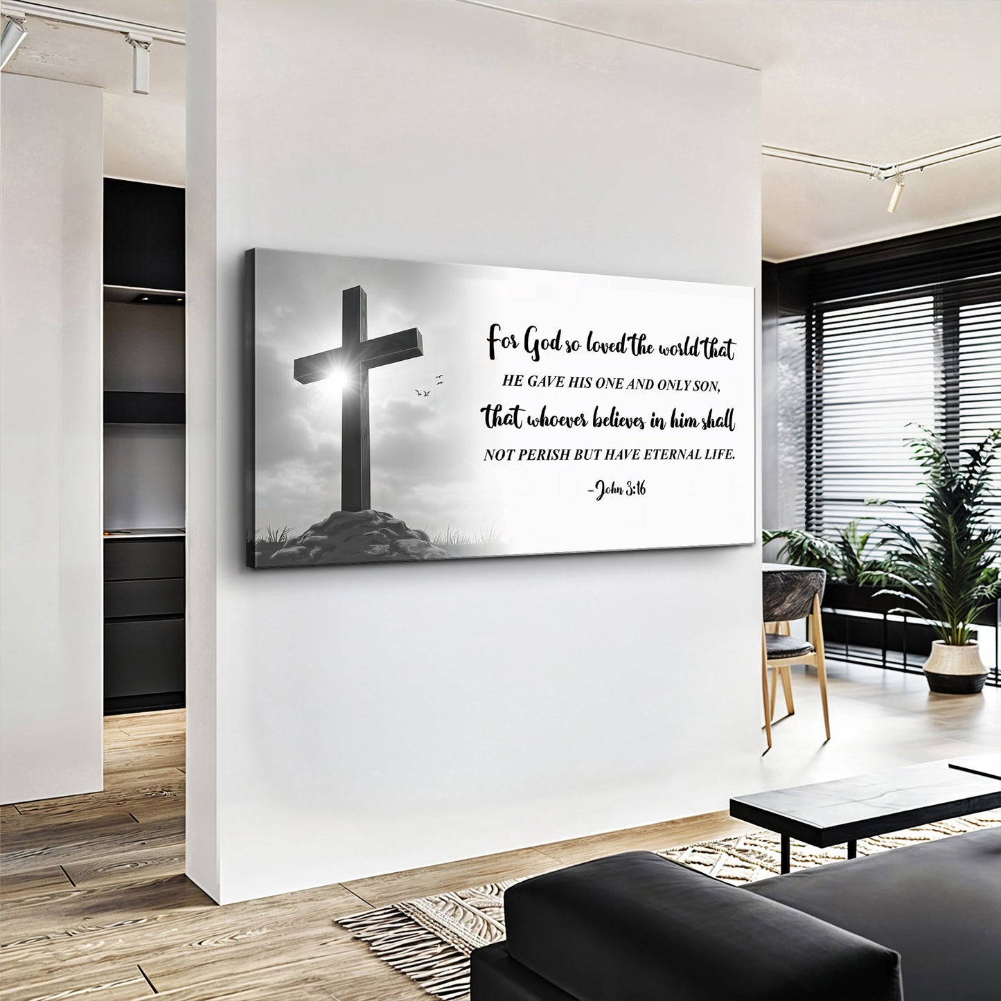 John 3:16 Faith Sign VI canvas by Tailored Canvases with black cross and scripture on Tampa Home & Garden Store