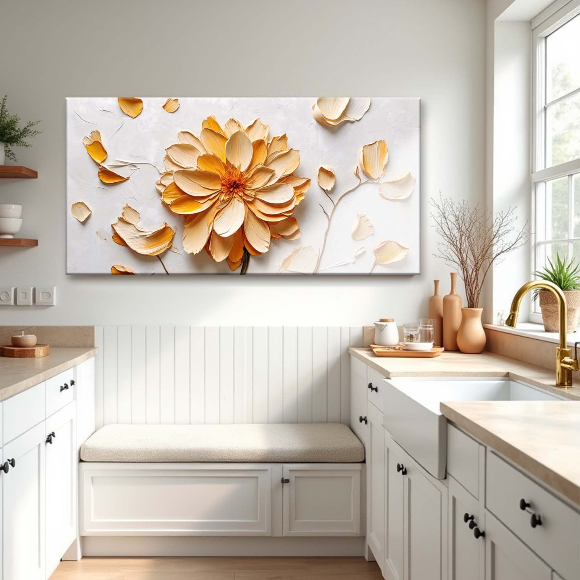 Golden Dandelion Minimalist Abstract Wall Art III canvas with orange petals on pale backdrop on Tampa Home & Garden Store