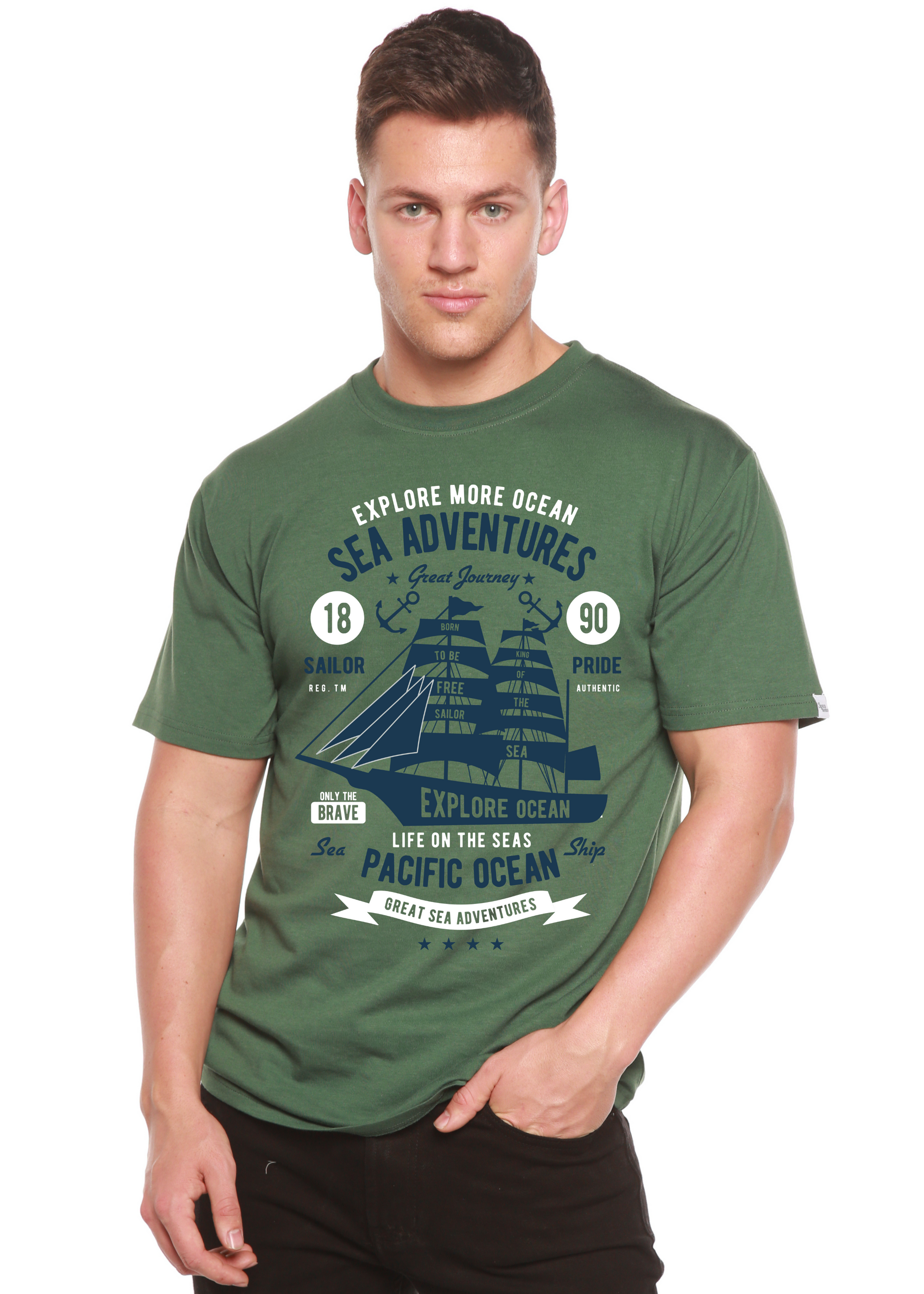 Sea Adventures Spun Bamboo men's graphic T-shirt in green with navy sailing ship print on Tampa Home & Garden Store
